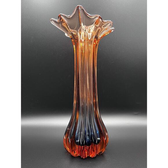 Amber & Blue Split Swag Art Glass Vase 12” Stunning Hand Blown - Picture 1 of 12